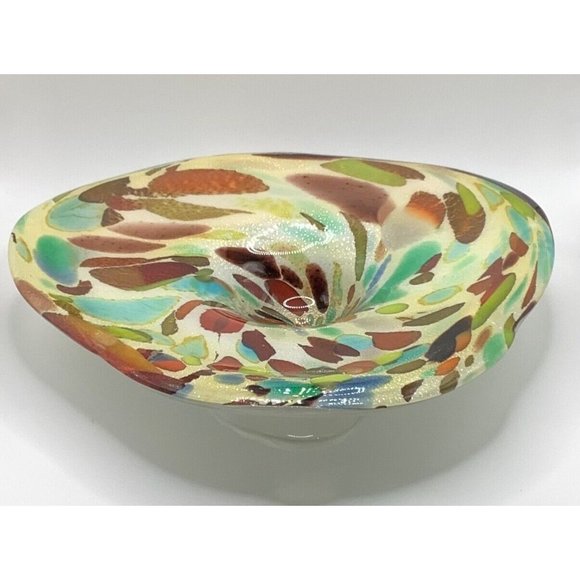 Multicolored Hand Blown Art Glass Bowl Dish Footed Polished Bottom - Picture 2 of 9